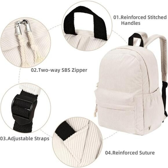 Corduroy school backpack with pins laptop bag for teen girls women travel bookba - Picture 6 of 7